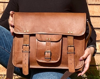 15'' Leather Laptop Satchel | Padded Laptop Compartments | Adjustable Straps | YKK Zips | UNISEX