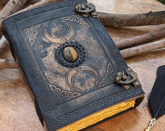 Fat 10"x 7"  Triple Moon Goddess Leather Journal - Midnight Black | 5 Stone Options | 400 Pages | 2x Brass Locks |