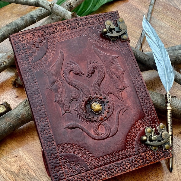 10"x 7" Large Double Dragon Leather Journal | 300 Pages | 2x Brass C Clasp Personalised DND Notebook |