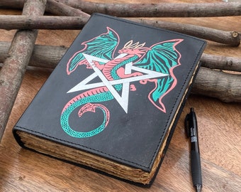 Pentagram Dragon Leather Journal | 260 Deckled-Edge Pages | Hand-stitched Leather Journal | Card Holder inside | Free Feather Pen