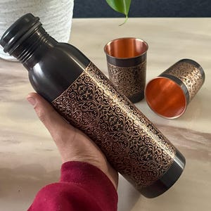 1 ltr Copper Water Bottle Black- with Handle | Black Copper Bottle  | Yoga Ayurveda Health Benefits 950 ml capacity | 100% Copper