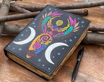 Moon Leather Journal | 260 Deckled-Edge Pages | Hand-stitched Leather Journal | Card Holder inside | Free Feather Pen