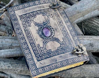 Fat 10"x 7" Antique Triple Moon Goddess Leather Journal | 5 Stone Options | 400 Pages | 2x Brass Locks |