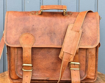Personalised Leather Laptop Satchel/Briefcase | 2x Padded Laptop Compartments | Adjustable Straps |