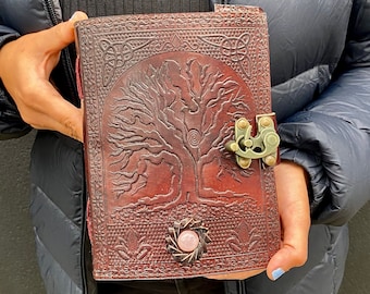 Tree of Life Leather Journal | 240 Paper Sheets | Brass C Clasp | 5 Semi Precious Stones to Choose From | A5 Size (8 x 6 inches)