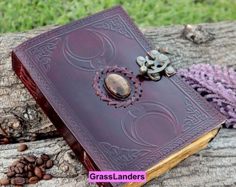 Brown Triple Moon Goddess Leather Journal | 5 Stone Options | Medieval Goddess Leather Journal | 220 Pages | Grimoire Gift