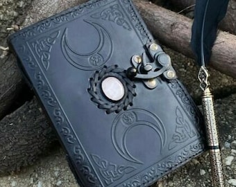 A5 BlackTriple Moon Goddess Leather Black Journal | 5 Stone Options | 240 sheets | Brass C Clasp | Medieval | Goddess Leather Journal