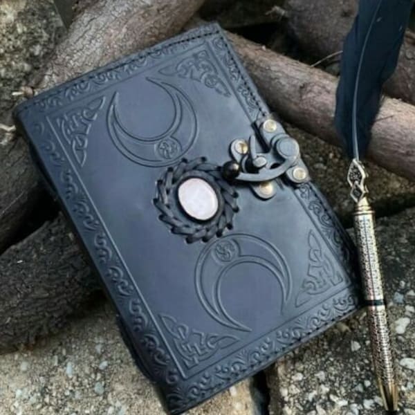 A5 BlackTriple Moon Goddess Leather Black Journal | 5 Stone Options | 240 sheets | Brass C Clasp | Medieval | Goddess Leather Journal