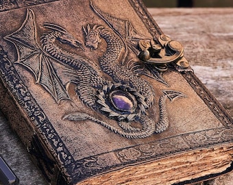 New-Double Dragon Leather Journal | 240 Pages | Brass C Clasp | Antique/Medieval | Personalised DND  Retro Notebook | Real Stones Used