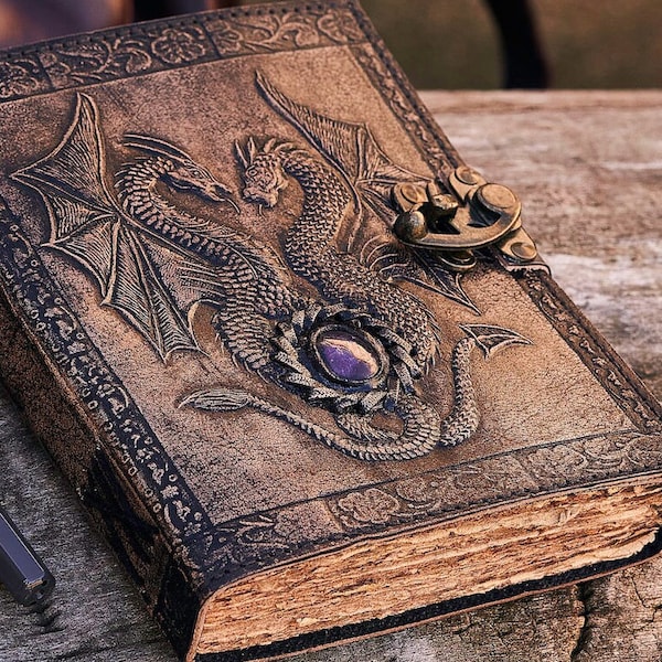 New-Double Dragon Leather Journal | 240 Pages | Brass C Clasp | Antique/Medieval | Personalised DND  Retro Notebook | Real Stones Used