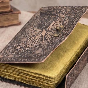 A5 Butterfly Embossed Leather Journal | 220 Vintage Pages | Hand-Stitched Butterfly Journal - Personalised