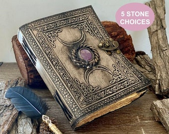 A5 Antique Triple Moon Goddess Leather Journal | 5 Stone Options | Medieval Goddess Leather Journal | 240 Pages | Grimoire Gift