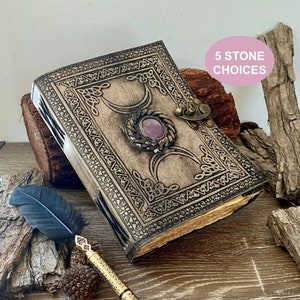 A5 Antique Triple Moon Goddess Leather Journal | 5 Stone Options | Medieval Goddess Leather Journal | 240 Pages | Grimoire Gift