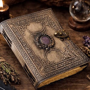 A5 Antik Trippelmåneläder | 5 Stenval | 4 Pappersval | 200 Vintagesidor | Mässings C-lås | Personlig Wicca Grimoire