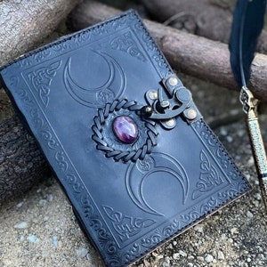 A5 BlackTriple Moon Goddess Leather Black Journal 5 Stone Options 240 sheets Brass C Clasp Medieval Goddess Leather Journal image 1