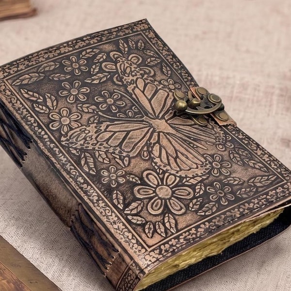 A5 Butterfly Embossed Leather Journal | 220 Vintage Pages | Hand-Stitched Butterfly Journal - Personalised