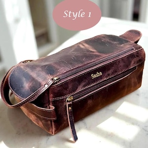 Personalised Leather Toiletry Bag | Full Grain Leather | Water Resistant Lining Inside | Rugged 10'' Bag 3 Different Styles - Dopp Kit