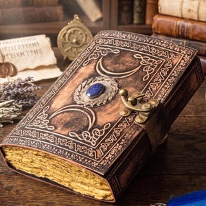 Antique Triple Moon Leather | 5 Stone Choices | 4 Paper Choices | 200 Vintage Pages | Brass C Lock Closure | Personalised Wicca Grimoire