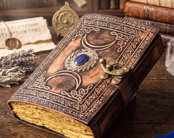 Antique Triple Moon Leather | 5 Stone Choices | 4 Paper Choices | 200 Vintage Pages | Brass C Lock Closure | Personalised Wicca Grimoire