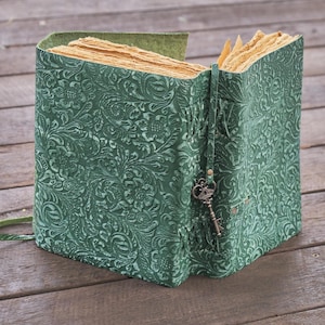 10" x7" Green Floral Leather Journal | Deckled Edge Paper | 2 Sizes | Wrap around design | Brass Key