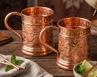 100% Pure Copper Mug 500ml | Handcrafted Copper Mug | Embossed Copper Mug - Purifies Water | 2 Designs
