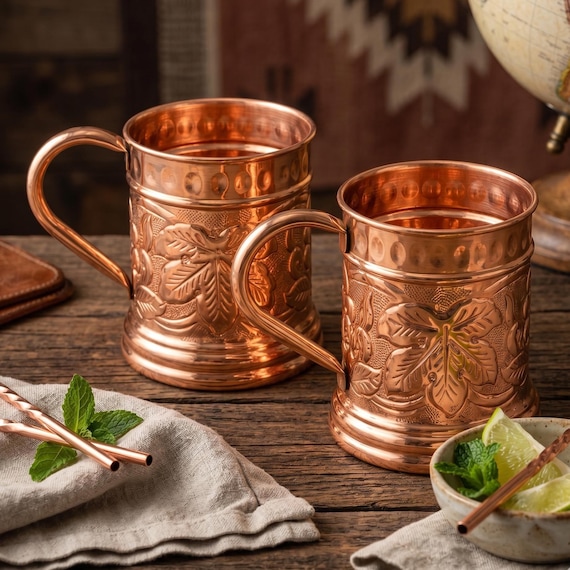 100% Pure Copper Mug 500ml | Handcrafted Copper Mug | Embossed Copper Mug - Purifies Water | 2 Designs