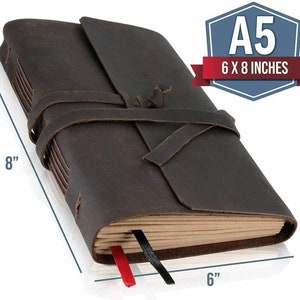 Travelers A5 Leather Journal | 240 folhas de papel kraft pautado | Diário de viagem personalizado grátis