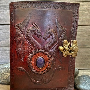 Amethyst Double Dragon Leather Journal 240 Pages of your choice Brass C Clasp Antique/Medieval Personalised DND Notebook image 3