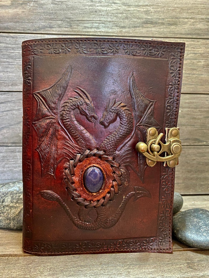 Amethyst Double Dragon Leather Journal 240 Pages of your choice Brass C Clasp Antique/Medieval Personalised DND Notebook image 3