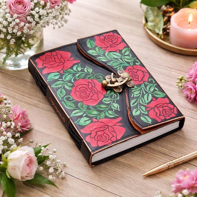 6 Rose Leather Journal | Personalized Floral Notebook | 240 Lined Pages Diary Brass C Lock image 2