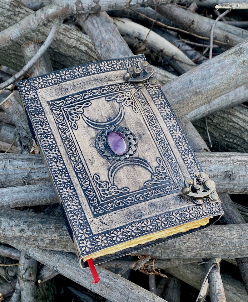 Fat 10x 7 Antique Triple Moon Goddess Leather Journal 5 Stone Options 400 Pages 2x Brass Locks image 1