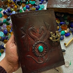 Amethyst Double Dragon Leather Journal 240 Pages of your choice Brass C Clasp Antique/Medieval Personalised DND Notebook image 8