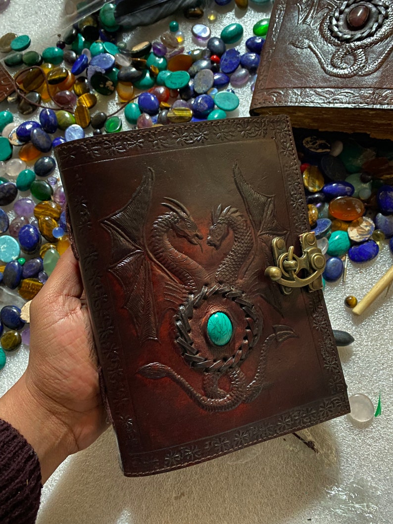 Amethyst Double Dragon Leather Journal 240 Pages of your choice Brass C Clasp Antique/Medieval Personalised DND Notebook image 8