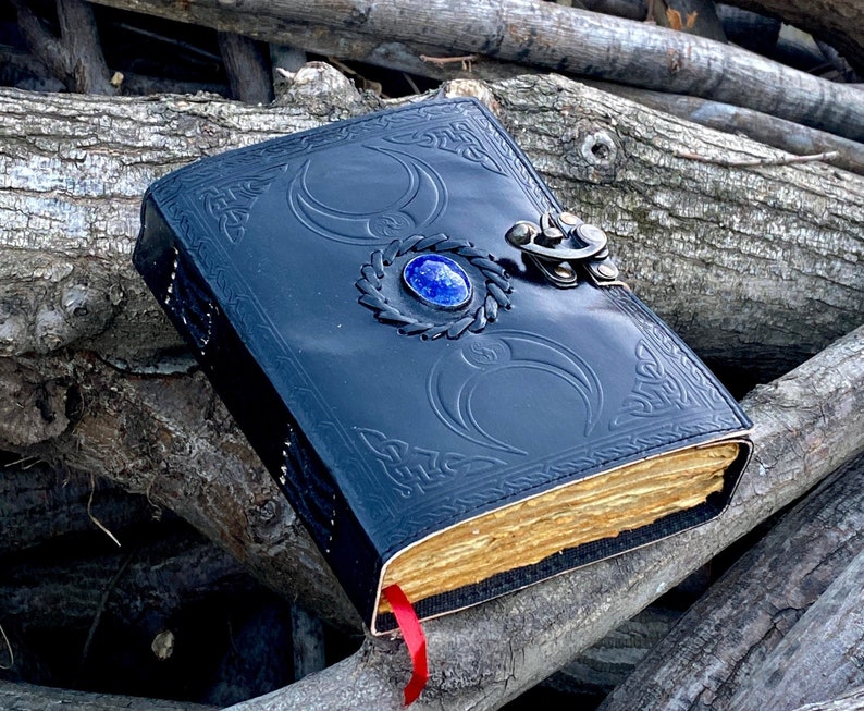 A5 BlackTriple Moon Goddess Leather Black Journal 5 Stone Options 240 sheets Brass C Clasp Medieval Goddess Leather Journal image 2