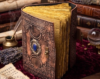 Antique Triple Moon Leather | 5 Stone Choices | 4 Paper Choices | 200 Vintage Pages | Brass C Lock Closure | Personalised Wicca Grimoire