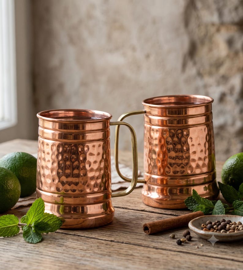 May include: Two copper mugs with a hammered texture and smooth brass handles. The mugs feature a cylindrical body with horizontal bands at the top and bottom. The surface has a polished metallic finish reflecting light across the dimpled exterior.