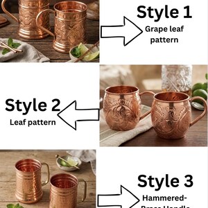 May include: Three styles of copper mugs. Style 1 features a grape leaf pattern. Style 2 displays a leaf pattern. Style 3 shows a hammered texture with a brass handle. Each mug has a cylindrical or rounded body with a side handle for holding.