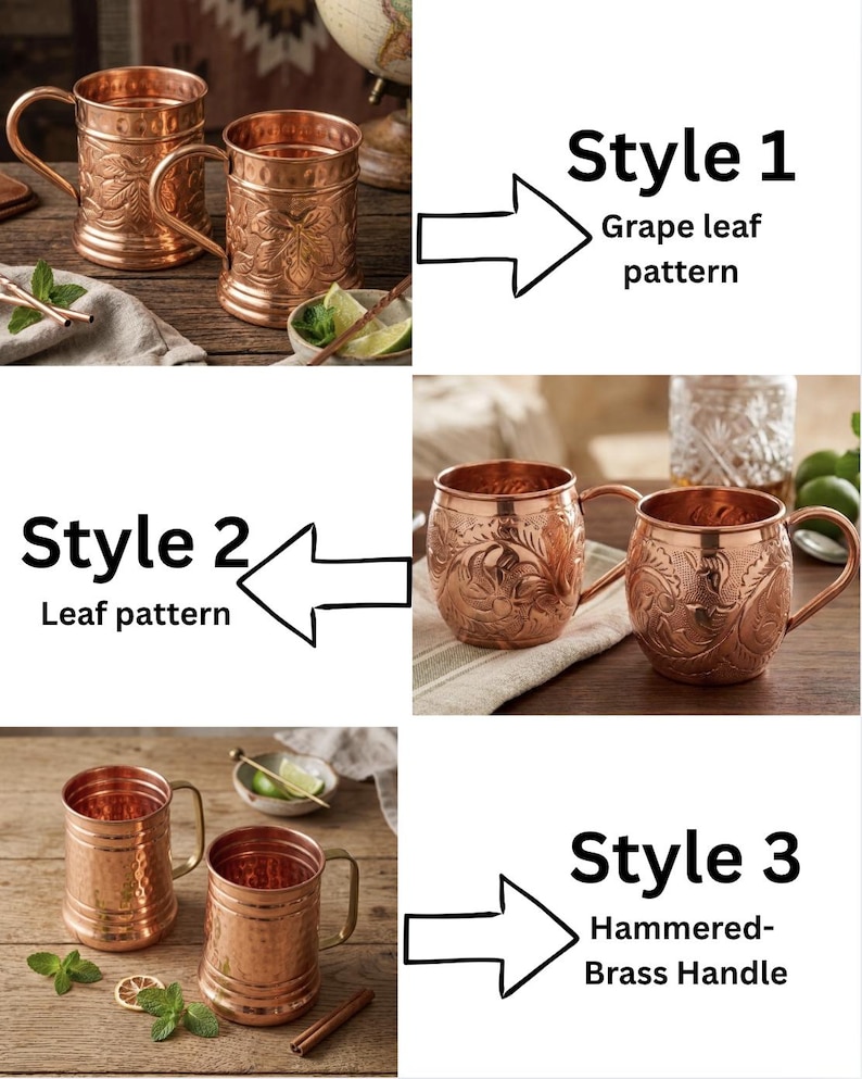 May include: Three styles of copper mugs. Style 1 features a grape leaf pattern. Style 2 displays a leaf pattern. Style 3 shows a hammered texture with a brass handle. Each mug has a cylindrical or rounded body with a side handle for holding.
