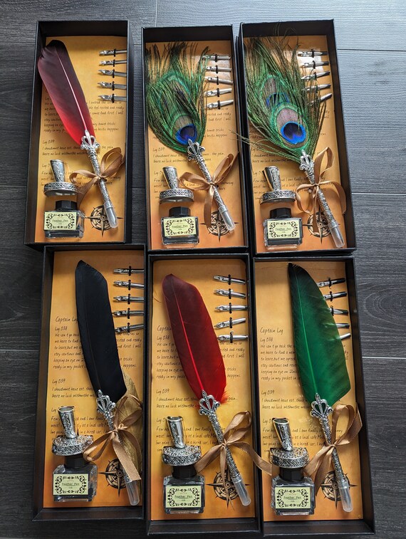 Feather Ink Pen 6 Inch Feathers Carved Silver Coloured Metal Body 4  Different Colours 5 Nibs Each Black Japanese Ink - Etsy