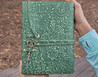 10" x7" Green Floral Leather Journal | Deckled Edge Paper | 2 Sizes | Wrap around design | Brass Key