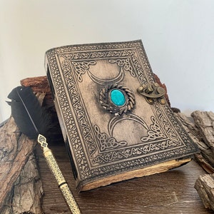 A5 Antique Triple Moon Goddess Leather Journal 5 Stone Options Medieval Goddess Leather Journal 240 Pages Grimoire Gift image 8