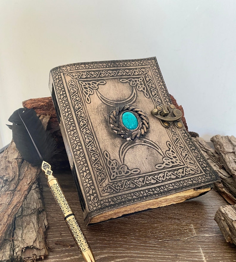 A5 Antique Triple Moon Goddess Leather Journal 5 Stone Options Medieval Goddess Leather Journal 240 Pages Grimoire Gift image 8