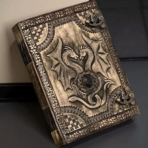 Antique Double Dragon Leather Journal | Embossed Mythological Design, Brass Clasp, 280 Pages