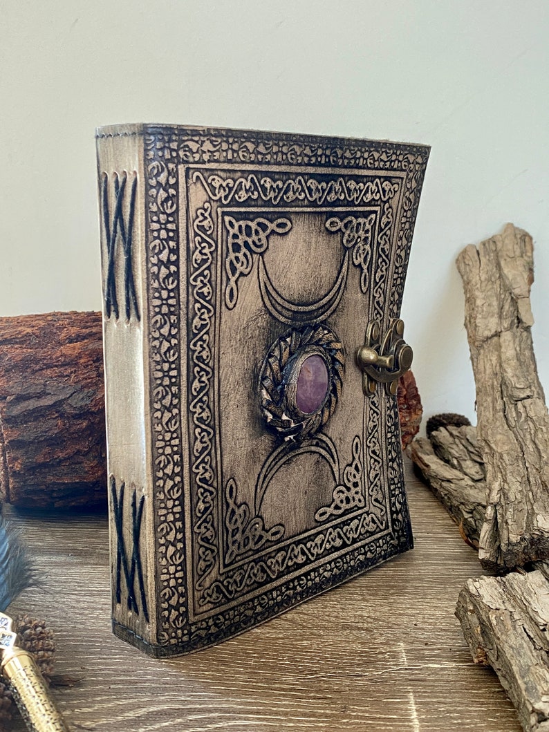 A5 Antique Triple Moon Goddess Leather Journal 5 Stone Options Medieval Goddess Leather Journal 240 Pages Grimoire Gift image 3