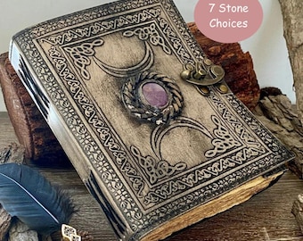 Triple Moon Goddess Leather Journal: Stone Inlay, Vintage Pages