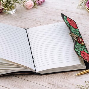 6 Rose Leather Journal | Personalized Floral Notebook | 240 Lined Pages Diary Brass C Lock image 3