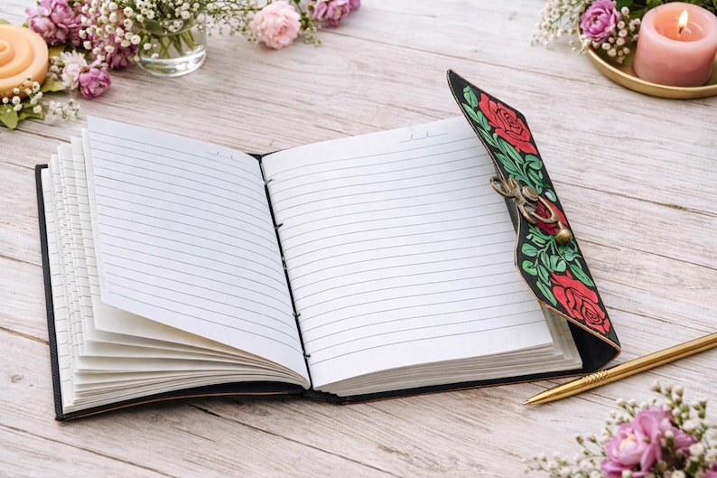 6 Rose Leather Journal | Personalized Floral Notebook | 240 Lined Pages Diary Brass C Lock image 3