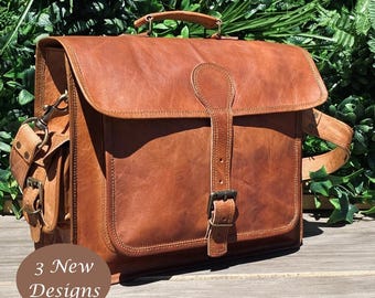 Handmade Leather 17" Laptop Briefcase | Padded Laptop Compartments | Adjustable Shoulder Strap | YKK Zippers | Personalized- Leather Satchel