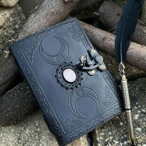 A5 BlackTriple Moon Goddess Leather Black Journal 5 Stone Options 240 sheets Brass C Clasp Medieval Goddess Leather Journal image 6