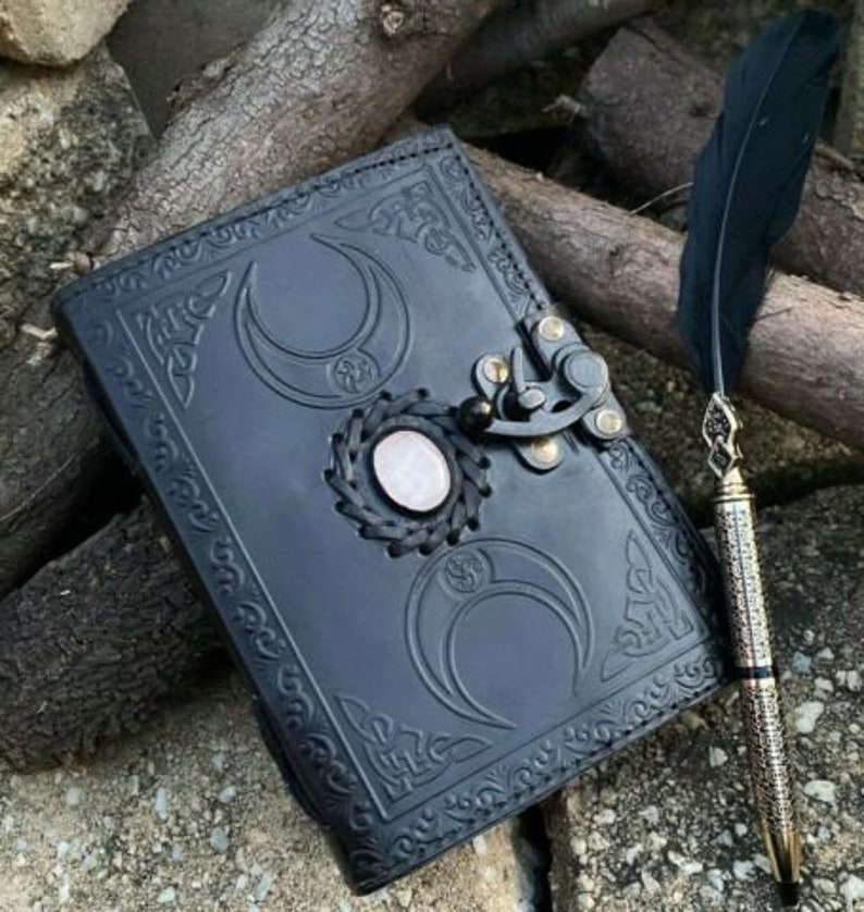 A5 BlackTriple Moon Goddess Leather Black Journal 5 Stone Options 240 sheets Brass C Clasp Medieval Goddess Leather Journal image 6